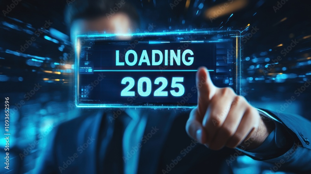 Poster Man in Suit Interacting with Digital Interface Displaying Loading 2025