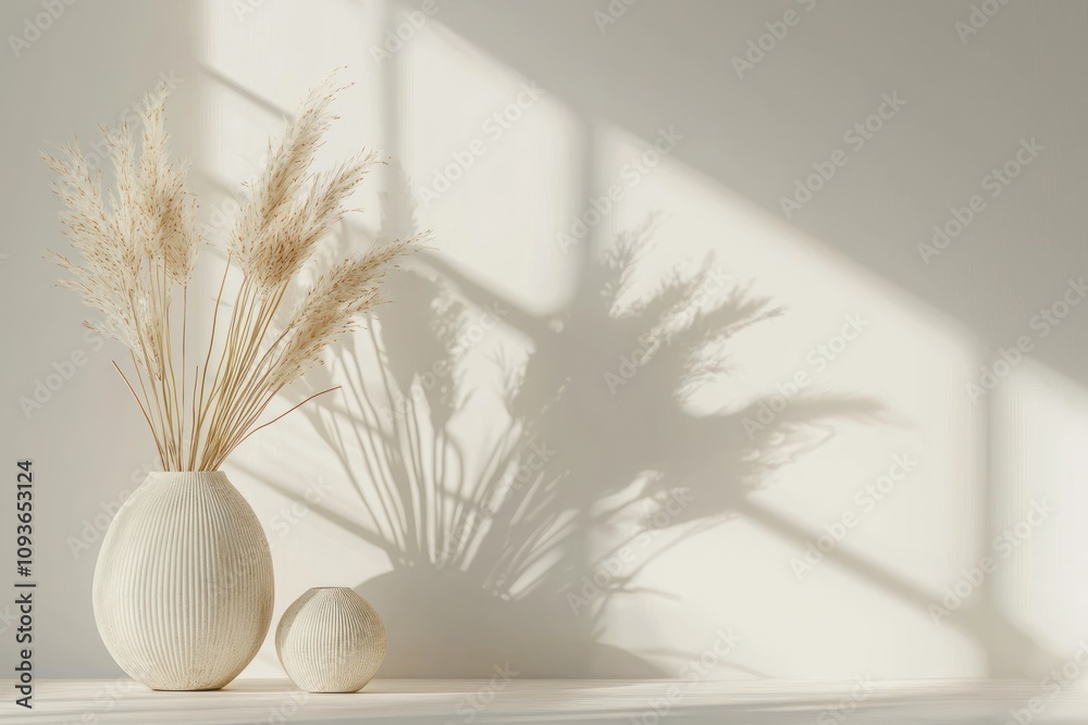 Poster dried pampas grass in white vases with window light and shadows