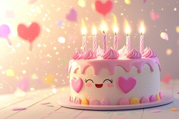 A Pink Birthday Cake with Smiling Face and Heart Decorations