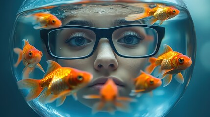  Woman with glasses submerged in a fishbowl surrounded by vibrant goldfish, blending surrealism and curiosity in a creative underwater perspective.