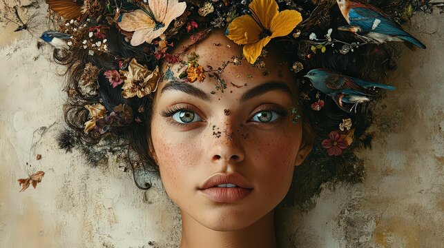  Woman with towering beehive hairstyle adorned with bird and flower figurines, staring wide-eyed at the camera, blending quirky creativity and eccentric elegance.