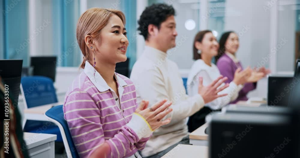 Poster japanese, business people and applause with computer in office as software engineer for web agency. 