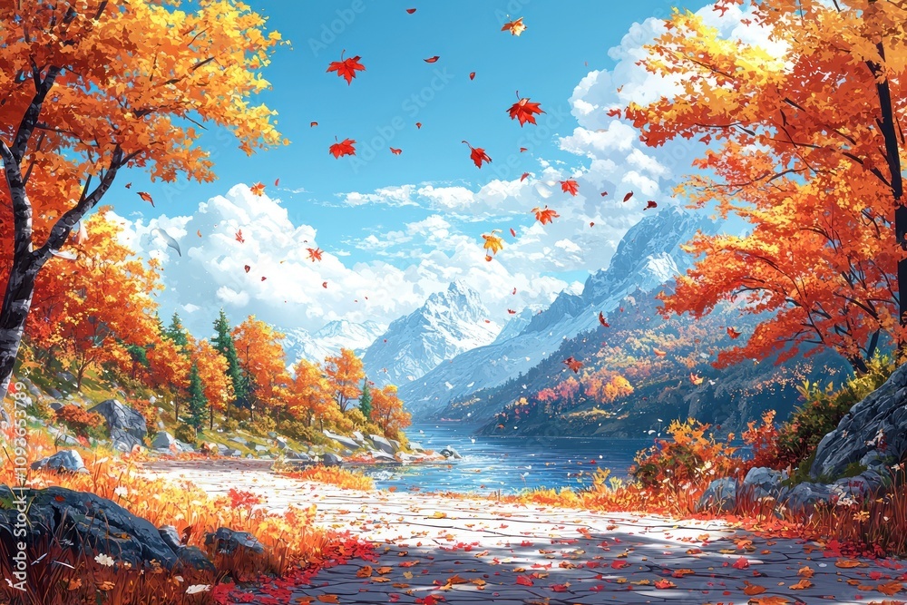 Poster a stone path winds through an autumnal forest toward snow-capped mountains and a tranquil lake.