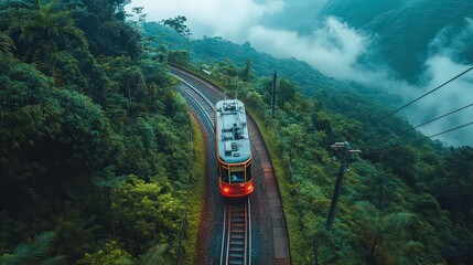 Fototapeta premium Tram ascends steep hillside, surrounded by lush greenery and distant mountains, with fog enhancing the serene and mystical atmosphere.
