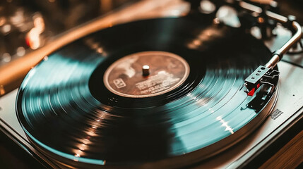 Retro vinyl record spinning on a turntable, warm nostalgic lighting