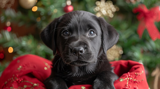 A cute black puppy nestled in a festive red blanket by a decorated Christmas tree.