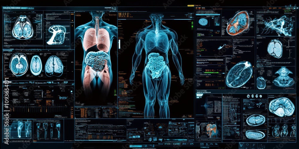 Poster digital medical interface displaying human organ scans and data