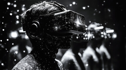 Exploring virtual reality in a futuristic environment with multiple users engaged in immersive experiences. Generative AI