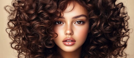 Fototapeta premium A Close-up Portrait of a Woman with Long, Curly Brown Hair