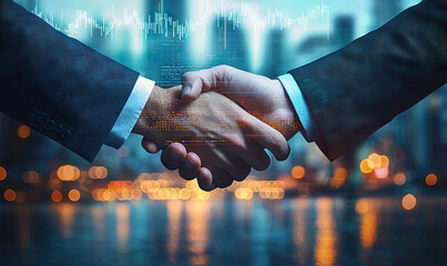 businessmen shaking hands in a cool city blue hour agreement contract