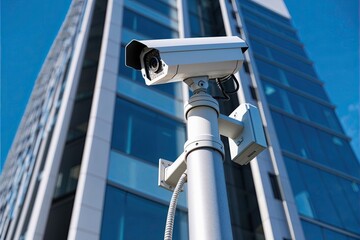 Advanced Security Camera on Modern Skyscraper for Enhanced Outdoor Surveillance and Safety