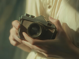 Woman Holding Vintage Camera, Soft Light, Close-up