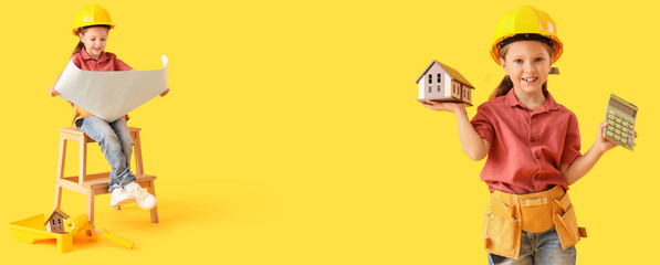 Cute little architect sitting on stepladder and reading blueprint against yellow background