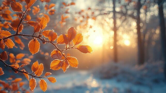 Autumn leaves at sunrise in a frosty forest setting