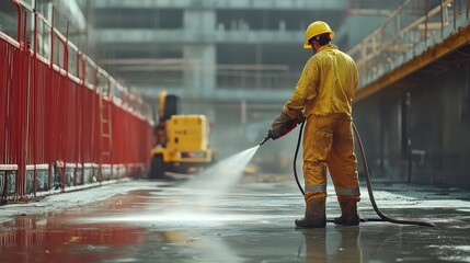  Cleaning crew uses pressure washer to clear stubborn dust and residue from construction site, leaving concrete spotless and emphasizing precision and efficiency.