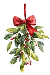 Christmas mistletoe for kisses. Cartoon clip art illustration on isolated background. Watercolour imitation. Poster or postcard design