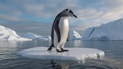 Obraz premium A lone penguin standing on a small ice floe in the middle of an Arctic landscape. The background shows a serene icy environment with large icebergs and a calm, reflecting surface of water.