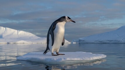 Obraz premium A lone penguin standing on a small ice floe in the middle of an Arctic landscape. The background shows a serene icy environment with large icebergs and a calm, reflecting surface of water.