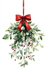 Christmas mistletoe for kisses. Cartoon clip art illustration on isolated background. Watercolour imitation. Poster or postcard design