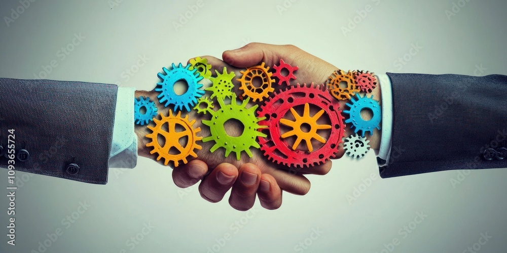 Poster Two Hands Shaking With Interlocking Colorful Cogs