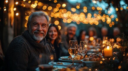 Elderly man enjoying an evening family gathering with warm lights, delicious food, and joyful company around a festive table.