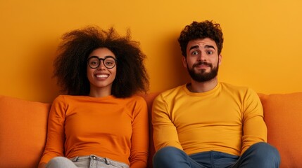 Obraz premium Joyful couple sitting on orange sofa, wearing coordinated outfits, expressing happiness and relaxation in a vibrant, colorful environment.