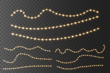 Christmas brightly colored garland of golden light. Set of glowing lights on transparent background. Led lamp. Design for Christmas banners, cards, backgrounds. Isolated realistic design elements.