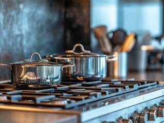 Modern Stainless Steel Pots on Gas Stovetop, Kitchen