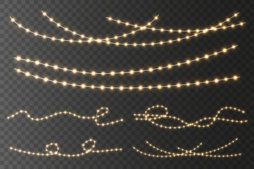 Christmas brightly colored garland of golden light. Set of glowing lights on transparent background. Led lamp. Design for Christmas banners, cards, backgrounds. Isolated realistic design elements.