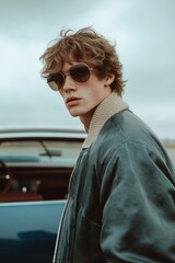 Fototapeta premium Male model sports cool vintage bomber jacket, aviator sunglasses. Trendy wolf cut hair blends modern mullet, shag styles. Stylishly positioned near retro car. Fashion editorial portrait. Casual cool