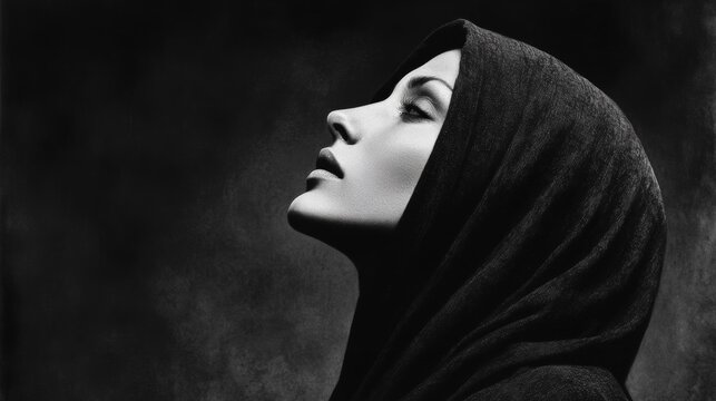 Profile of a woman in a headscarf, captured in dramatic black and white, evoking elegance and mystery.