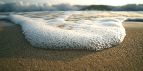 Obraz premium Close-up of White Foamy Ocean Waves Crashing on Sandy Beach