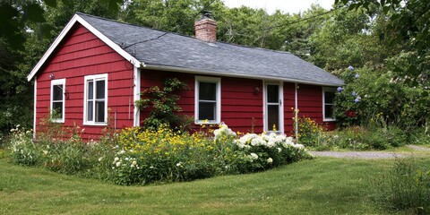 A Red Cottage with White Trim Surrounded by Lush Flowers and Green Grass