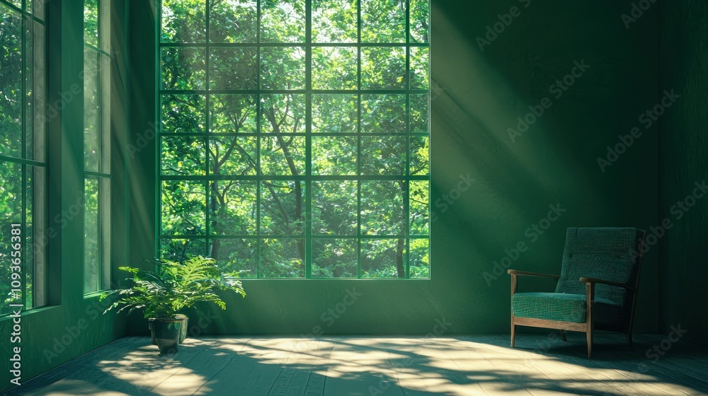 Poster Sunlit Room with Green Walls and a Window View of Lush Trees