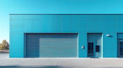 Fototapeta premium Industrial warehouse with bright turquoise facade, large rolling door, and minimalistic design, showcasing functional and modern architectural aesthetics.