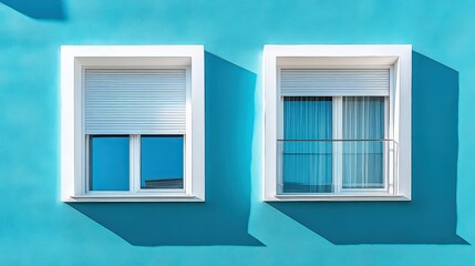 Obraz premium Close-up of two white-framed windows on vibrant turquoise wall, showcasing symmetry, clean design, and bright Mediterranean-inspired style.