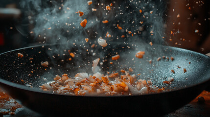 A close-up of a frying pan with sizzling garlic and onions