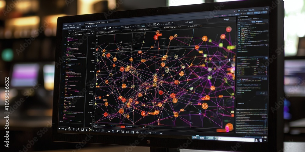 Aufkleber Computer Screen Displaying a Complex Network with Colored Nodes and Lines