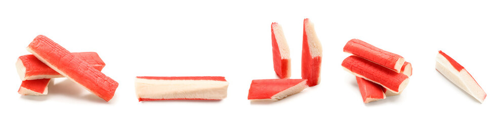 Set of tasty crab sticks on white background © Pixel-Shot