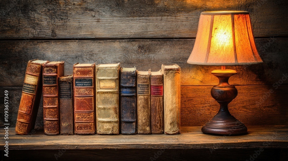 Aufkleber Antique Books and a Table Lamp on a Rustic Wooden Shelf