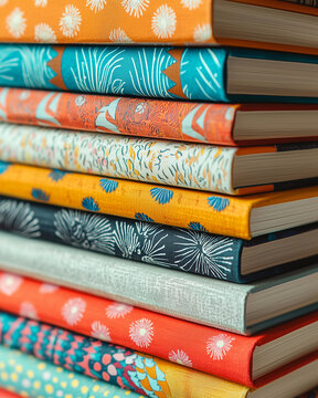 Close-up of a stack of colorful paperback books with unique cover designs