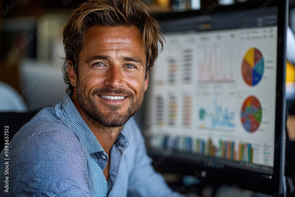 Poster Smiling Man in Blue Patterned Shirt Sitting in Front of Computer Screen Displaying Charts and Graphs