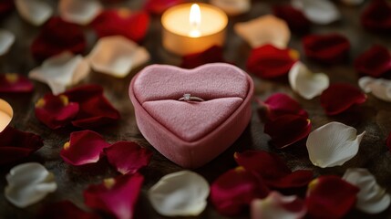 Heart-shaped soft pink velvet ring box with a silver engagement ring, surrounded by red and white rose petals and glowing candles, creating a romantic and intimate composition.