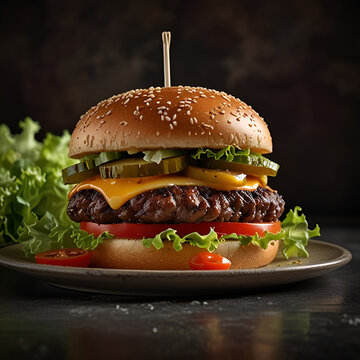 hamburger on a plate with chease and vegetables.