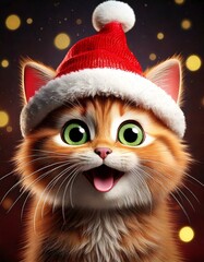A fluffy cat with big green eyes wearing a Christmas hat against a sparkly background