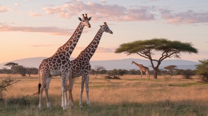 Obraz premium A serene African savannah at sunset. In the foreground, two giraffes are depicted standing close to each other, with their long necks and distinct spotted patterns. The atmosphere is calm and pictures
