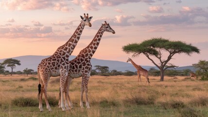Obraz premium A serene African savannah at sunset. In the foreground, two giraffes are depicted standing close to each other, with their long necks and distinct spotted patterns. The atmosphere is calm and pictures