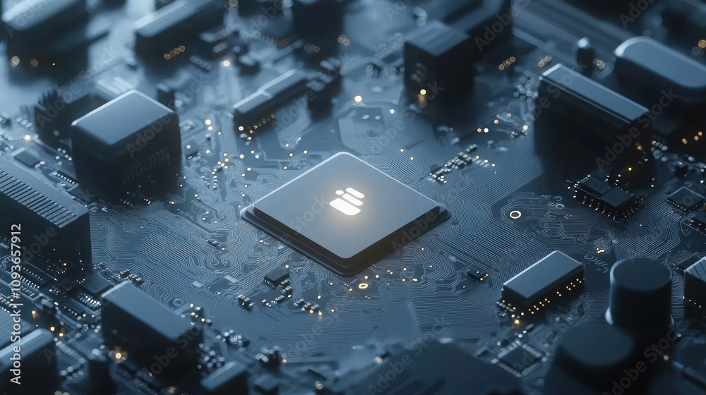 Poster illuminated chip on a circuit board with glowing lines