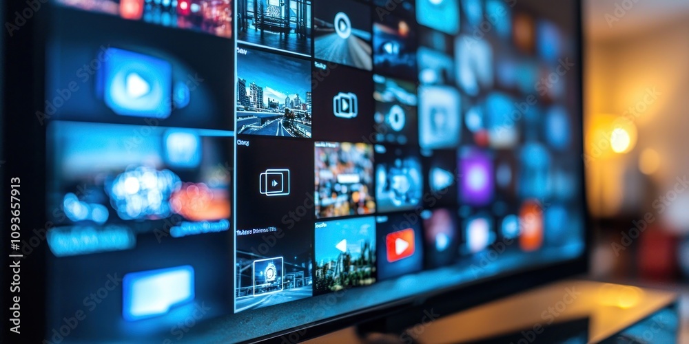 Poster Television Screen Displaying Multiple Video Thumbnails and Play Buttons