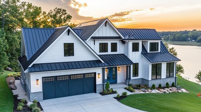 Modern farmhouse with lake view at sunset.